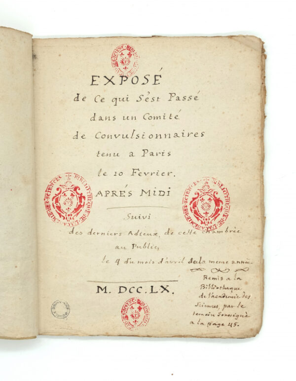 <span class="artist-name-product">CONVULSIONNAIRES - MANUSCRIT </span> Exposé de ce qui s'est passé dans un Comité de Convulsionnaires tenu à Paris le 10 février après midi.