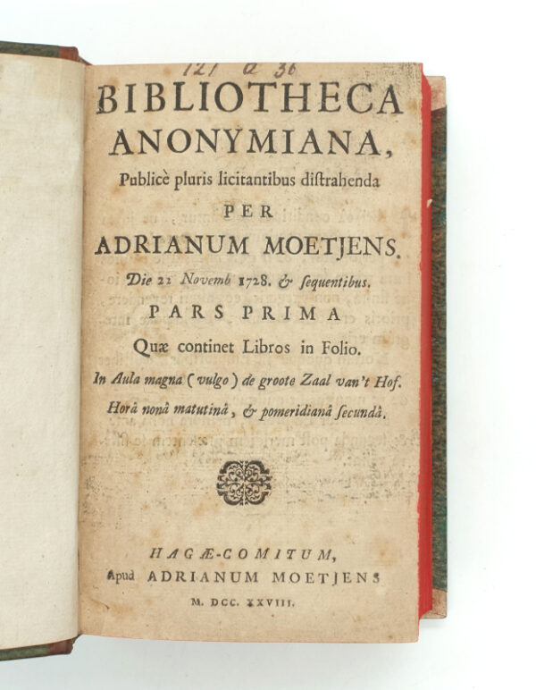 <span class="artist-name-product">MOETJENS  Adrien</span> Bibliotheca anonymiana, publicè pluris licitantibus distrahenda per Adrianum Moetjens. Die 22 Novemb. & sequentibus...