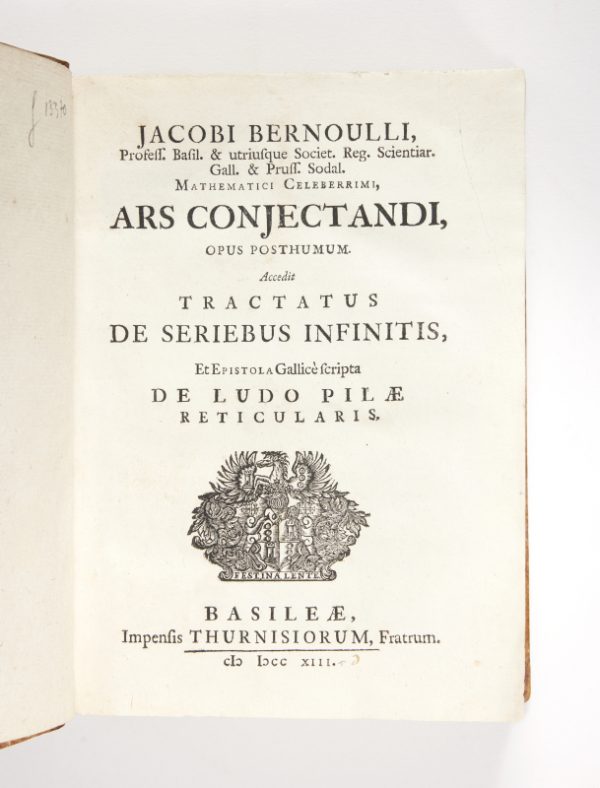 <span class="artist-name-product">BERNOULLI  Jacob I</span> Ars conjectandi, opus posthumum. Accedit Tractatus de seriebus infinitis, et Epistola Gallicè scripta De ludo pilæ reticularis.