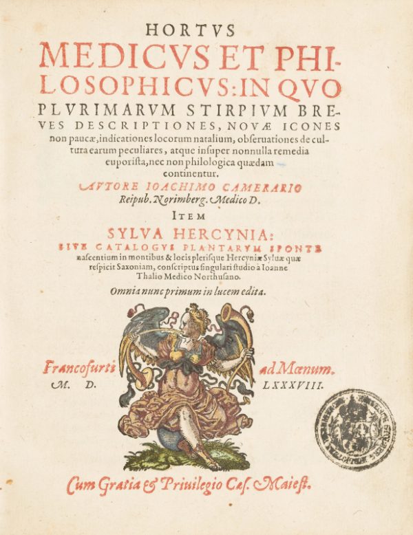 <span class="artist-name-product">CAMERARIUS  Joachim</span> Hortus medicus et philosophicus...Bound with: THAL, J. Sylva Hercynia... Bound with: CAMERARIUS, Joachim. Icones... descriptiones term in horto quam in Sylvia Hercynia.